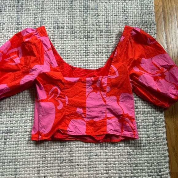 Staud Papaya Hibiscus Printed Cropped Blouse 8 - Picture 5 of 5